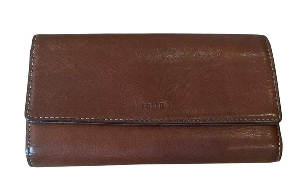 Fossil Genuine Leather Wallet Brown Trifold 7.5” Long Women's